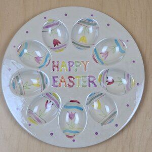 Ceramic Egg Plate With "Happy Easter" Text & Floral Design - 8 Egg Slots Deviled